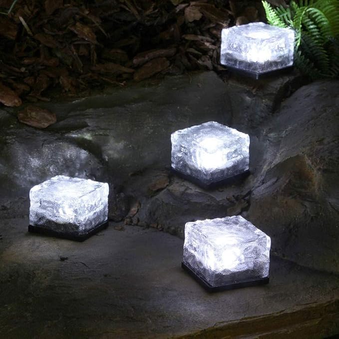 Solar Glass Brick Light - Solar Ice Cube LED Light - Crystal Brick Stone Lamp Garden Courtyard Pathway Patio Pool, Decorative Christmas Festives Ice Rock Cube Lights (4PCS White)