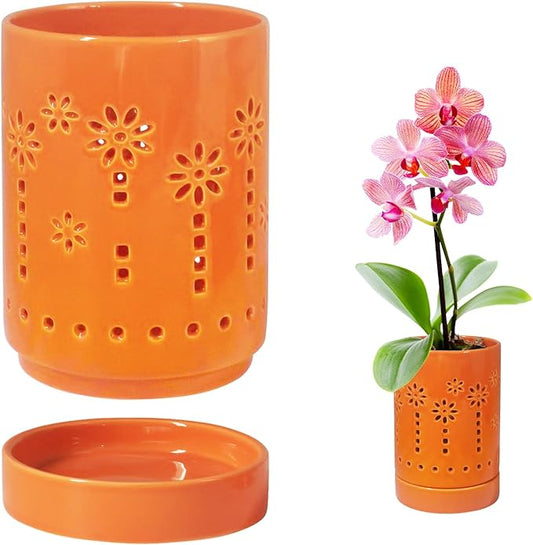 4 Inch Orchid Pot, Ceramic Orchid Pot for Repotting With Saucers, Orchid Pots With Holes More Ventilation hole Easy breathing, Plant Pot for Repotting Orchids and Other Flowers - Indoor/Outdoor Orange