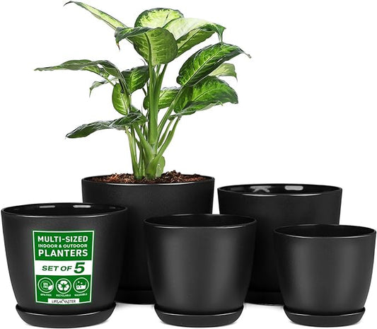Plant Pots with Multi Drainage Holes - 5 Pieces Versatile, Sturdy Plastic, Stackable Design Home Decor Flower Pots for Indoor and Outdoor Gardening - Black