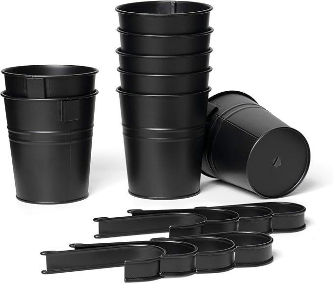 Dahey 10 Pcs Hanging Flower Pots Metal Iron Bucket Planter for Railing Fence Balcony Garden Home Decoration Flower Holders with Detachable Hooks, Black, 4 Inches