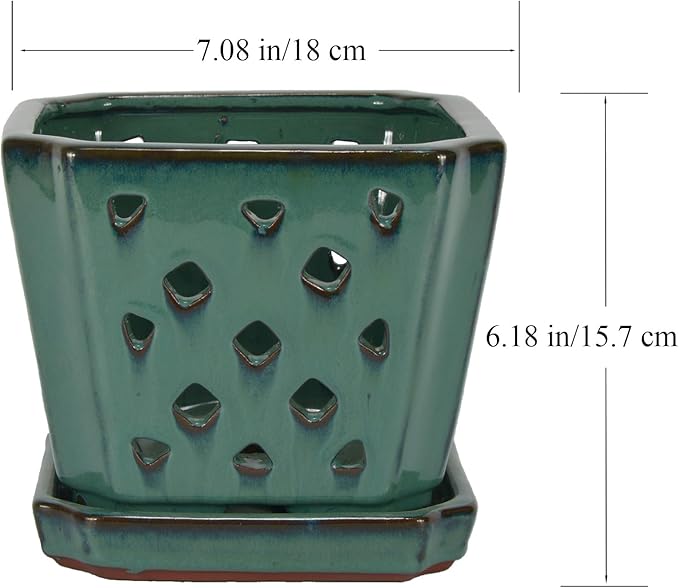 W&W Orchid Pot with Holes and Saucer for Repotting, Green, 7 Inches