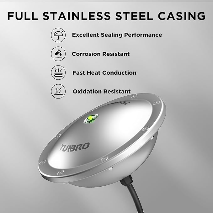 TURBRO Pond De-icer, Floating Pond Heater with 32.8 ft. UL Approved Cord, Full Stainless Steel Casing, GFCI Leakage Protection Plug, for Outdoor Ponds with Fish, 400 Watts, PD400A, Silver