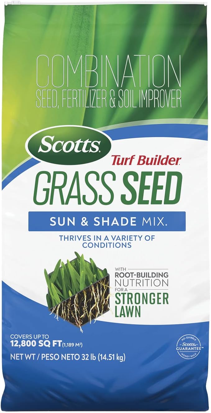Scotts Turf Builder Grass Seed Sun & Shade Mix with Fertilizer and Soil Improver, Thrives in Many Conditions, 32 lbs.