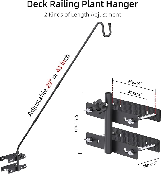 Deck Hook-Deck Railing Plant Hanger Outdoor,Bird Feeder Hanger for Deck Railing W/Non-slip Pads, Fence Shepherds Hooks Bracket for Hanging Hummingbird Feeder,Planter,Flower Baskets-360°Rotating Pole