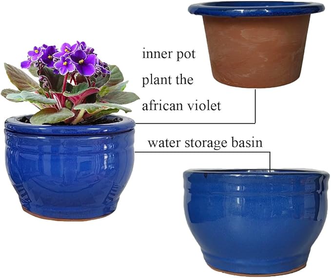 African Violet Pots Self Watering 6 inch Round Ceramic Violet Pot Blue