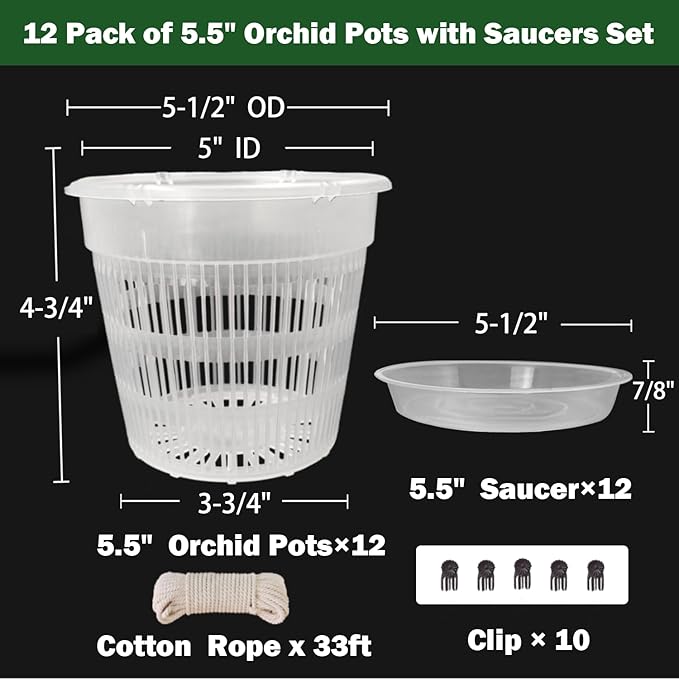 Orchid Pot,12 Pack 5.5Inch Clear Plastic Orchid Pots with Saucers, Orchid Pots with Holes, Orchid Pots for Repotting, Orchid Breathable Slotted Pot(12Pcs 5.5in+ Saucers)