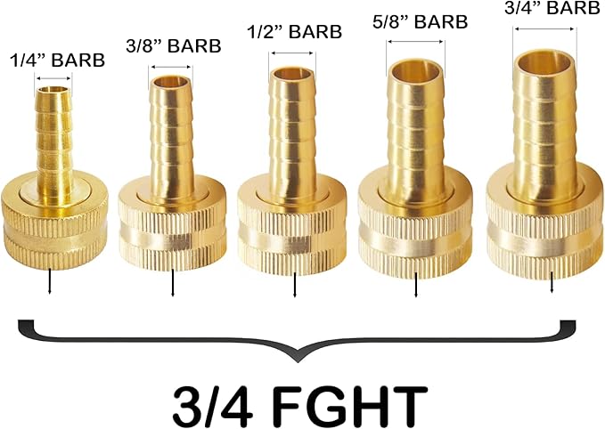 1/4" Barb, 3/8" Barb, 1/2" Barb, 5/8" Barb, 3/4" Barb x 3/4 Female GHT Thread（2 pcs of each）Solid Brass Water Hose End Repair Connector, Includes 14 Stainless Steel Clamps and 14 gaskets