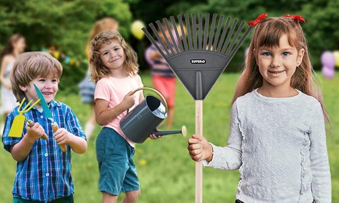 Pack of 3 Kids Rake with Hardwood Handle, Durable Plastic Head to Sweep Leaves in Lawn and Tidying Up The Garden, 34" (Grey)