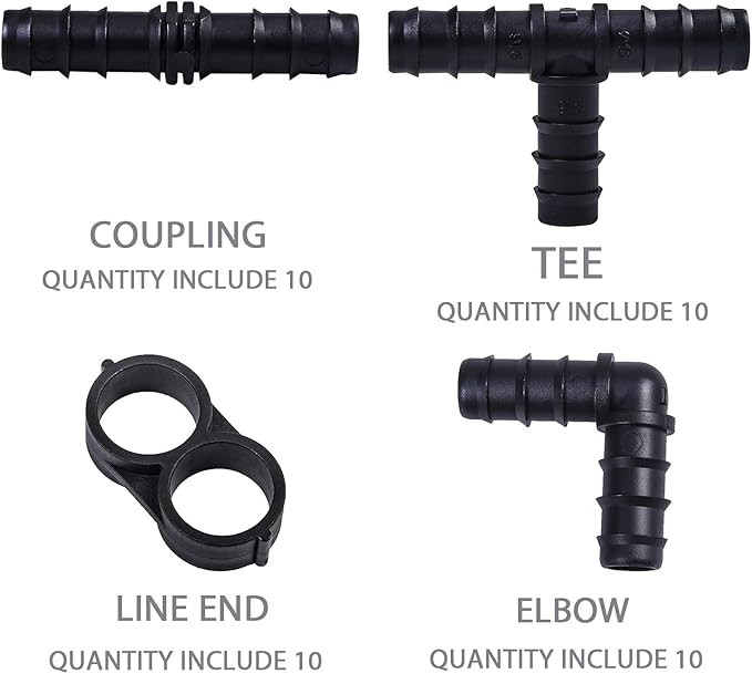 URATOT 40 Pieces Drip Irrigation Fittings Kit 1/2" Tubing Set, 10 Tees, 10 Couplings, 10 Elbows and 10 End Cap Plugs Drip Irrigation Barbed Connectors for Drip Sprinkler Systems