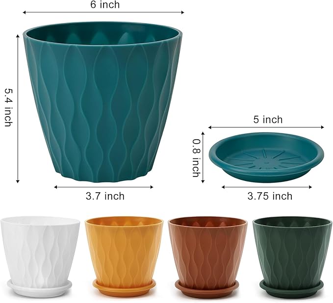 6 inch Plant Pots, 5 Pack Flower Pots Outdoor Indoor, Planters with Drainage Holes and Tray Saucers