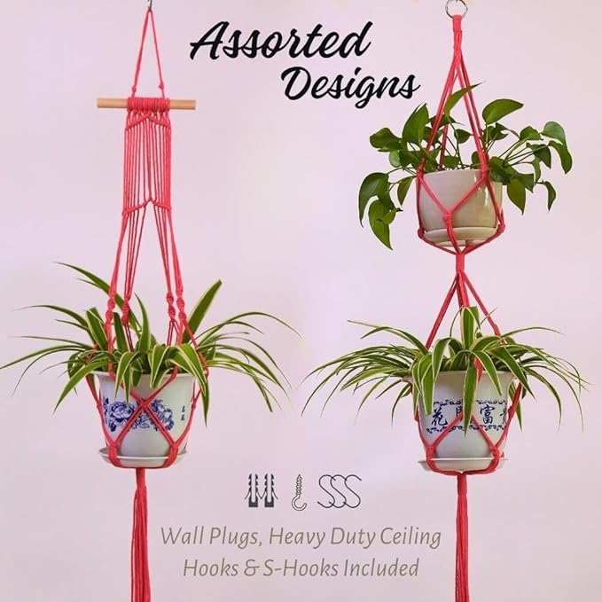 Macrame Plant Hangers Indoor Macrame Hanging Planters for Indoor Plants - 6 Pack Hanging Plant Holders Indoor Hanging, Macromay Plant Hangers for Indoor Plant Hanger, Boho & Home Decor (Pink)