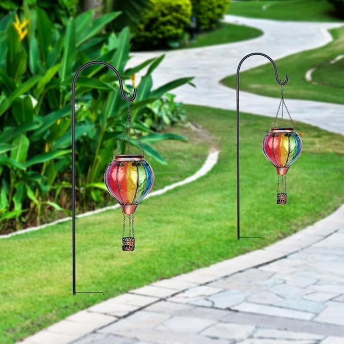 2PCS Solar Hot Air Balloon Lanterns with Flame with Shepherd's Hooks, Glass Hanging Flickering Lights Outdoor Waterproof for Garden Tree Yard Patio Mother's Day Gift, 18" H Colorful