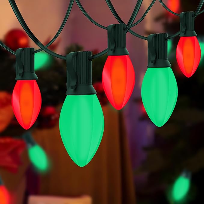 C7 LED Red and Green Christmas Lights, 25Ft Outdoor Christmas String Lights with 27 LED Red and Green Plastic Bulbs, Vintage Christmas Lighst for Outside Patio Backyard Tree Cafe Party House Decor