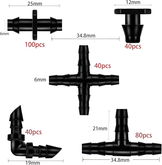 HOINCO 300Pcs Barbed Connectors Irrigation Fittings Kit, Drip Irrigation Barbed Connectors for 1/4 Inch Tube, for Flower Pot Garden Lawn (Elbows, End Plug, Straight Barbs, Tees, 4-Way Coupling)