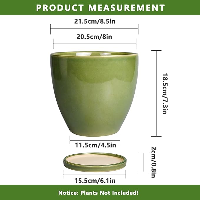 8 Inch Planter - Ceramic Plant Pot with Drainage Hole and Tray Round Planters Modern Flower Pot for Room Home Office Patio Porch Garden Decor Green
