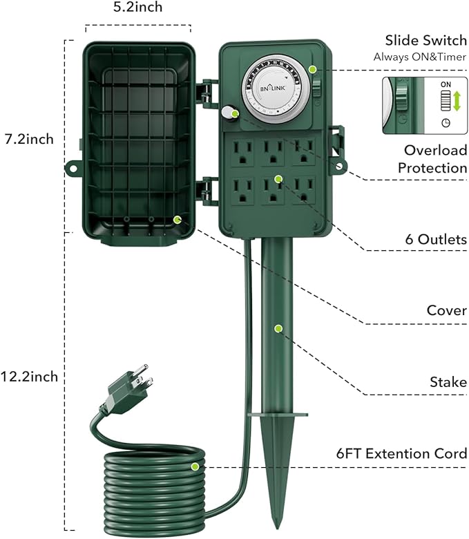 BN-LINK 24 Hour Mechanical Outdoor Multi Socket 6 Outlet Garden Power Stake with 6ft Cords, Outdoor Timer for Christmas Lights, ETL Listed, 125V, 15A/1875W