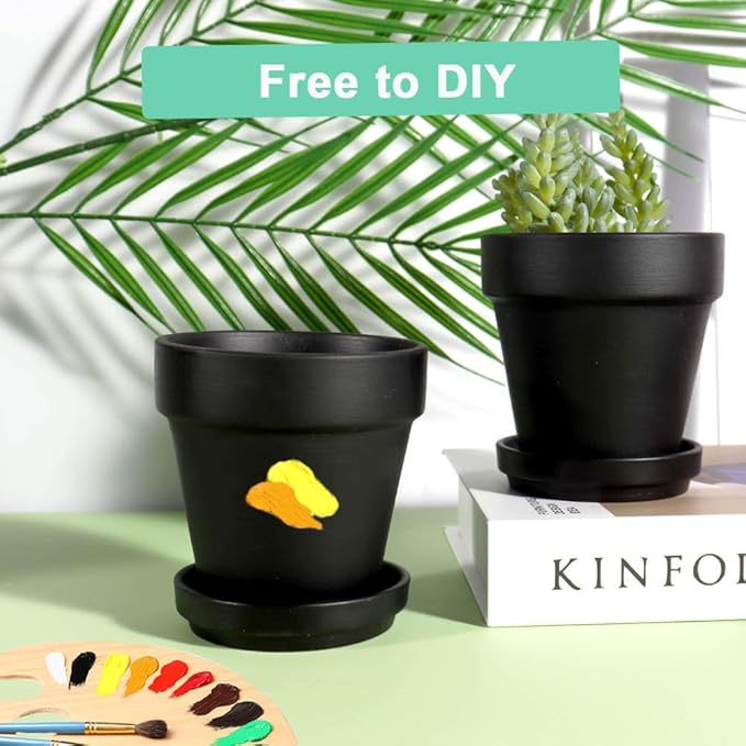 vensovo 4 Inch Small Black Terracotta Plant Pots with Saucer - 6 Pack Clay Flowerpots with Drainage, Great for Indoor Outdoor Plants, Crafts, Wedding Favor