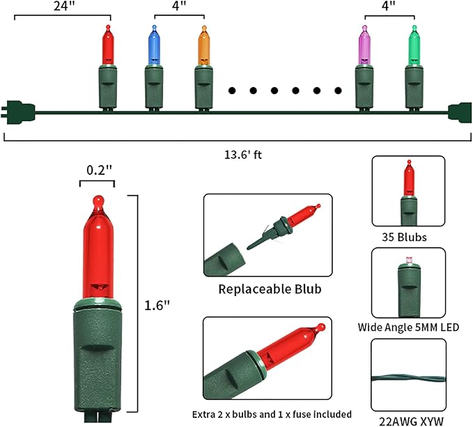 Multicolor LED Christmas Lights - 35 Count Multi-Colored Christmas String Lights for Small Tree, Crafts, Holiday, Indoor/Outdoor Decorations, 11 Feet Green Wire, UL Certified, Connectable
