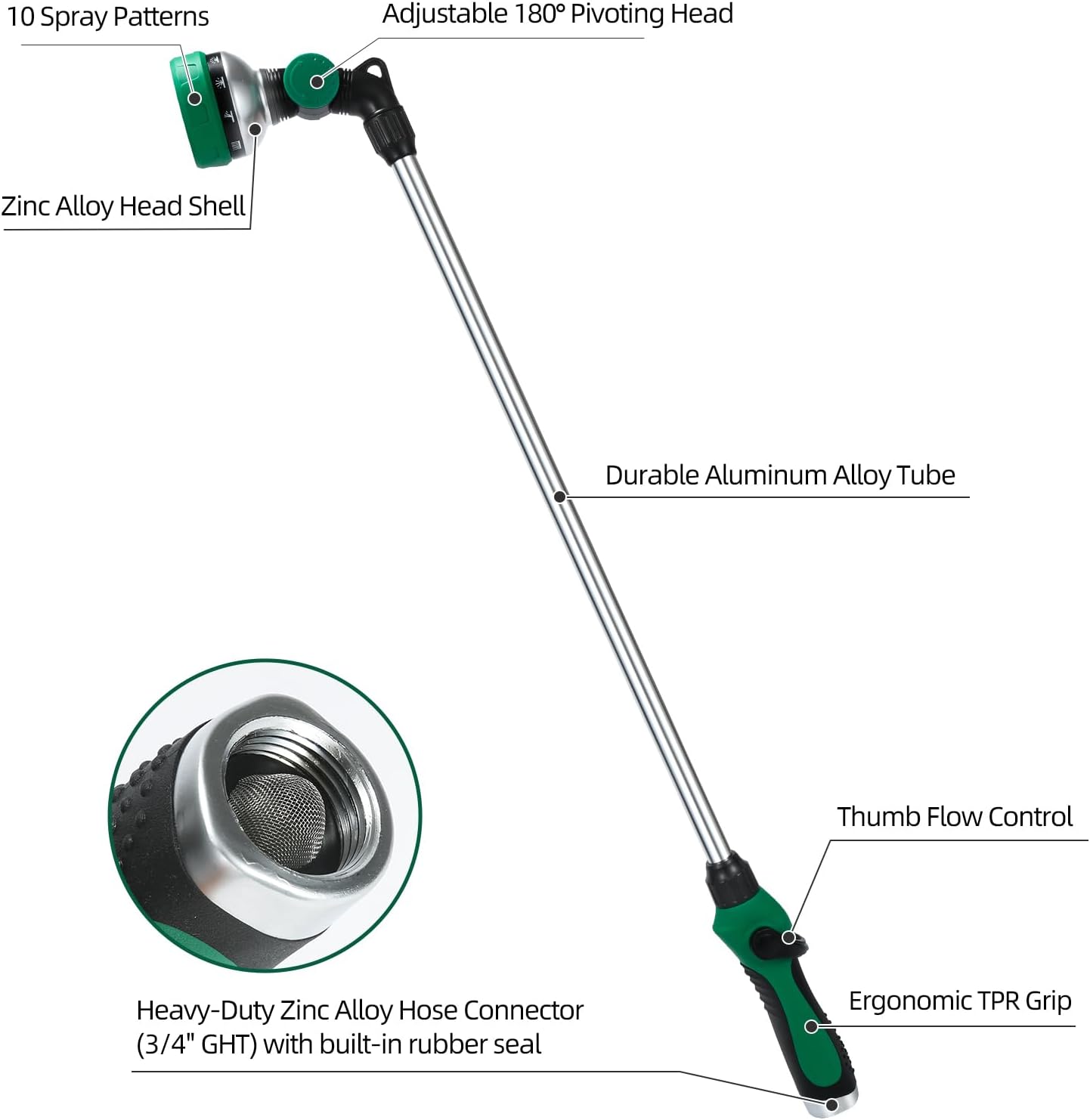 Watering Wand for Garden Hose, 30 Inch, 10 Spray Patterns, Thumb Control Garden Hose Nozzle, Adjustable Water Sprayer with Pivoting Head, Ideal for Hanging Baskets, Plants, and Shrubs, Green