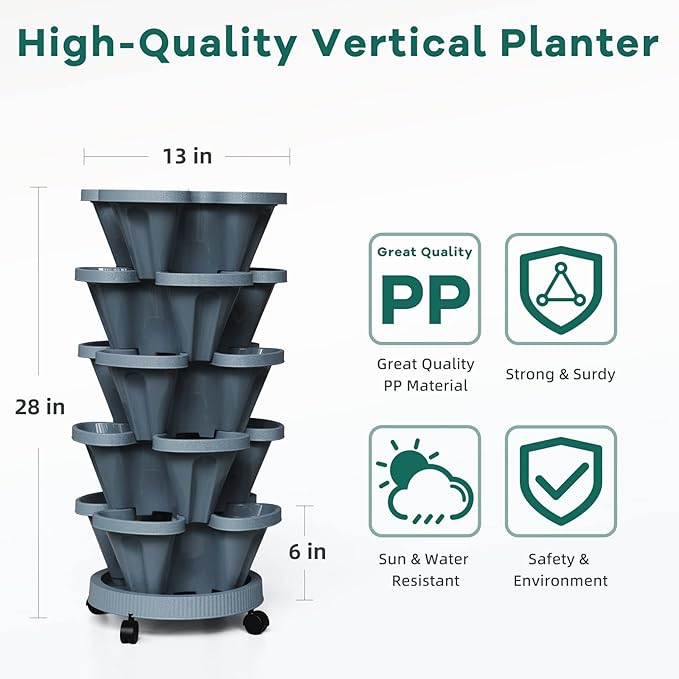 Strawberry Vertical Planters Tower Garden, 5 Tiered Stacking Planter with Support Pole, Stackable Herb Vegetable Planters Indoor and Outdoor - Dark Grey