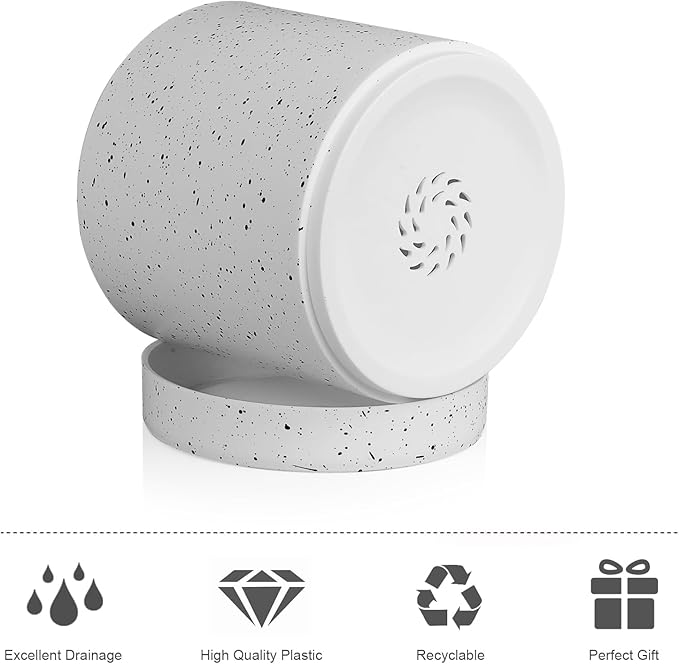 7/6.5/6/5/4 inch Plant Pots, 5 Pack Cylinder Flower Pots for Small Indoor Outdoor Plants, Plastic Planters with Drainage Holes and Saucers for Garden Succulent House Plants, Speckled White