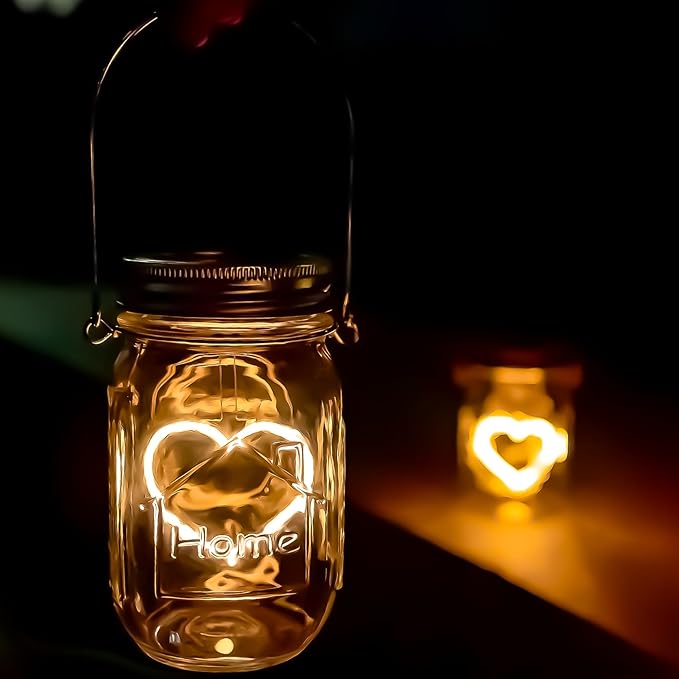 Hanging Solar Mason Jar Lights, 2 Pack Warm Heart Shape Led Lights, Solar Powered Lanterns Outdoor Waterproof, Hangers and Jars Included, Gift for Lover, Home Party Wedding Garden Patio Decor (2)
