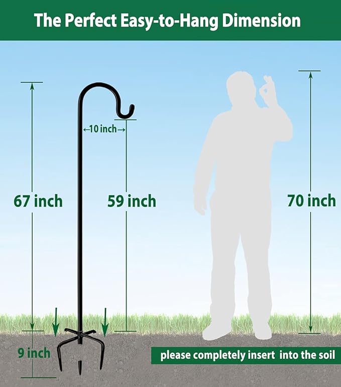 Artibear Adjustable Outdoor Shepherd Hook Stand with 5 Prong Base, 76 Inches Tall 3/5 in Thick, Shiny Black (1 Packs)