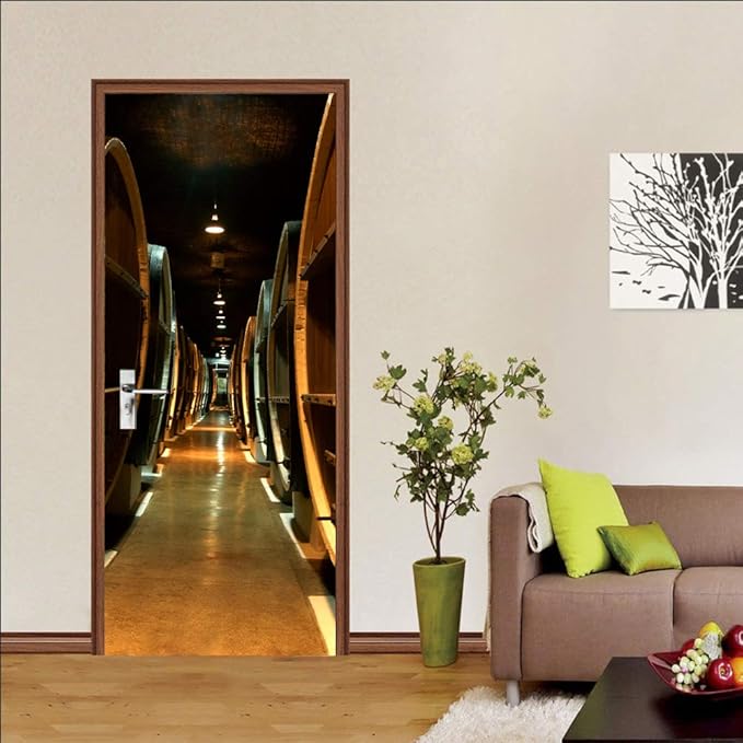 3D Door Stickers Murals Peel and Stick - Wine Cellar Wallpaper Self-Adhesive Decals - Removable PVC Waterproof Poster for Bedroom Living Room 34.6" x 78.7"