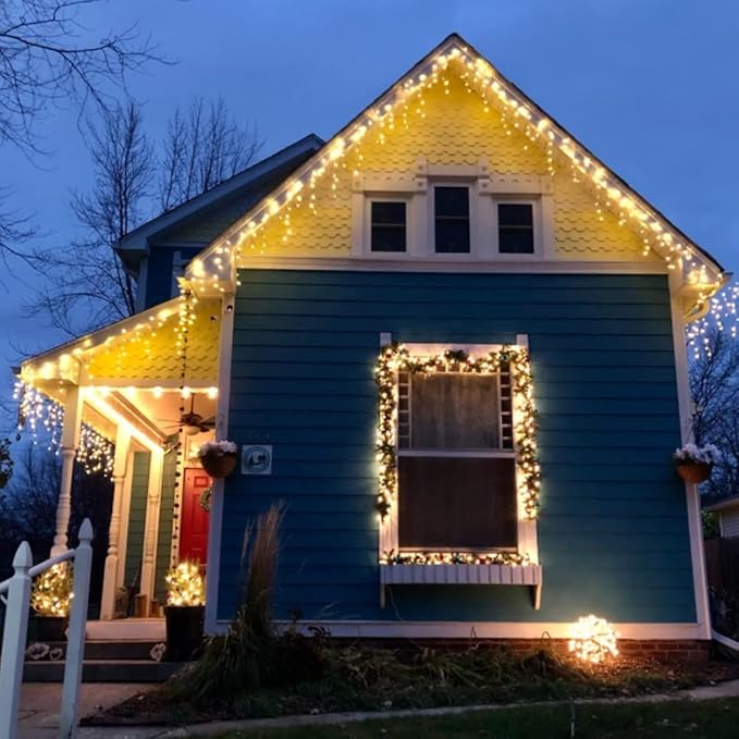 YASENN Bluetooth APP Icicle Lights LED Christmas String Light Icicle Style 300 LED 30ft Fairy Lights 60 Drops Icicle Lights for Indoor Outdoor Decorations(Warm White)