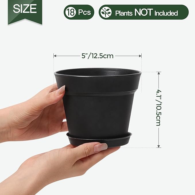 T4U 5 Inch Plastic Planters 18-Pack - Small Plant Pot with Drainage Hole and Saucer, Decorative Nursery Pot Bulk for African Violet, Snake Plant, Aloe and All House Plants Indoor (Black)