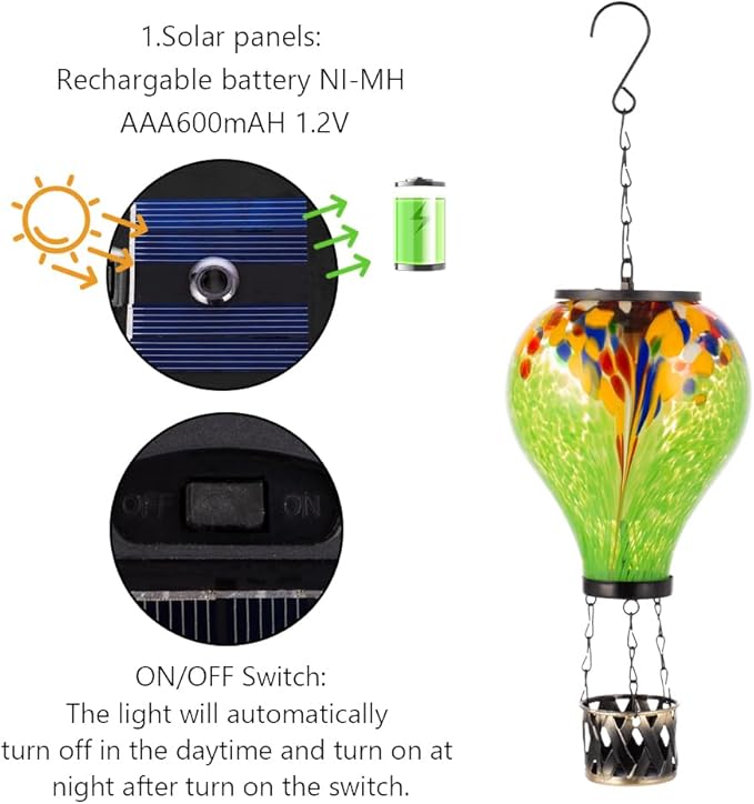 Starsoul Hot Air Balloon Solar Lantern Tie-Dye Style Glass Outdoor Solar Hot Air Balloon Lantern with Flame Light Waterproof Hanging Solar Lantern for Garden Yard Patio Decor
