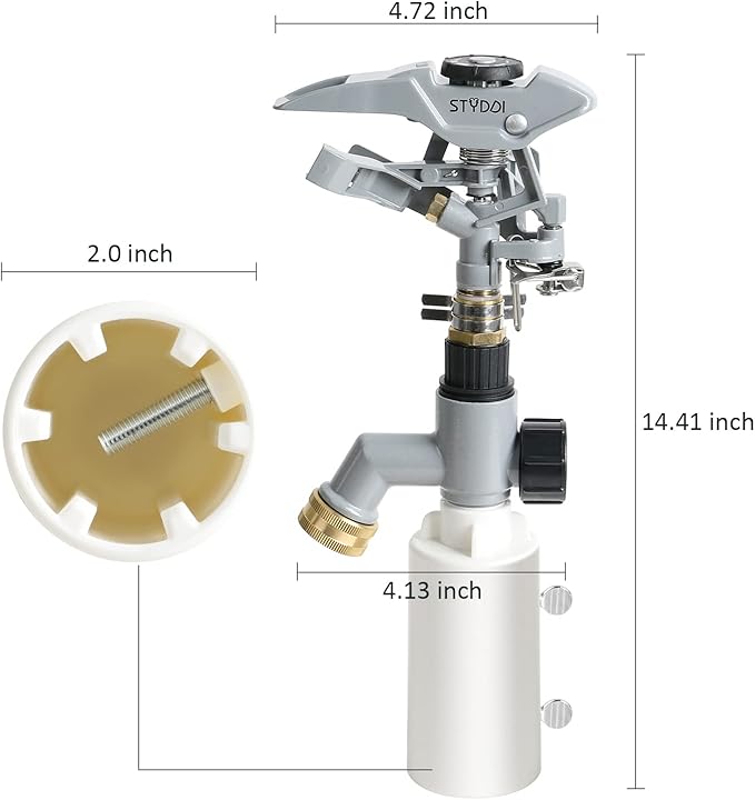 STYDDI T-Post Fence Sprinkler, Metal Impact Sprinkler Head on Fence T-Post Base with Flow Through, Irrigation Zinc-Alloy Adjustable T-Post Impulse Sprinkler