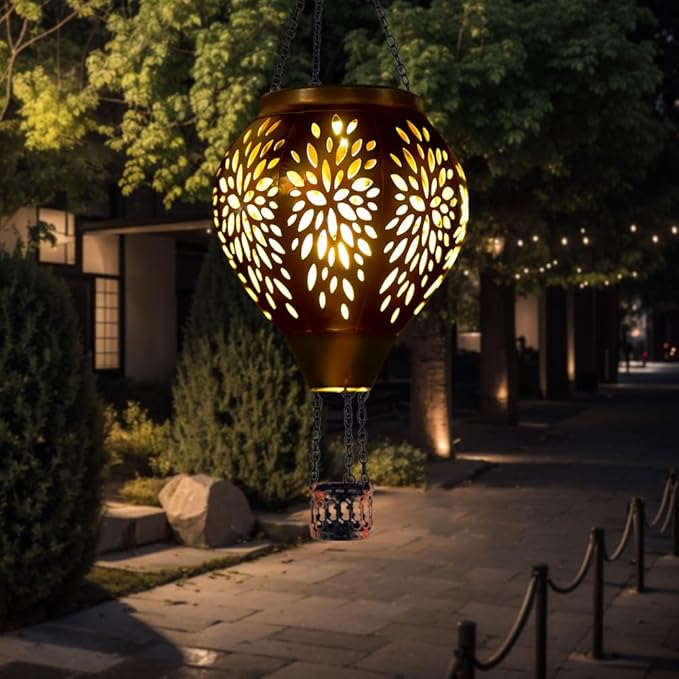 Hot Air Balloon Solar Lantern, Flower Hollow Out Solar Powered Hot Air Balloon Lantern Outdoor Waterproof, Metal Hanging Hots Airs Balloons Solars Light for Outdoor Patio Garden Decor