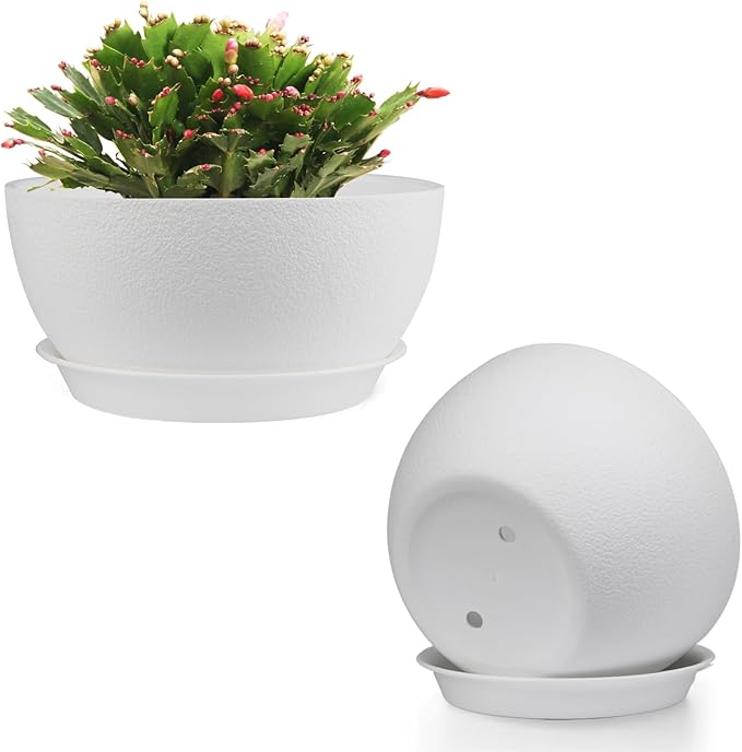 12 inch Plant Pots Pack of 2, Plastic Planter with Drainage Holes and Saucers, Plant pots for Indoor Outdoor Use, Flower Pots for All House Plants (White)