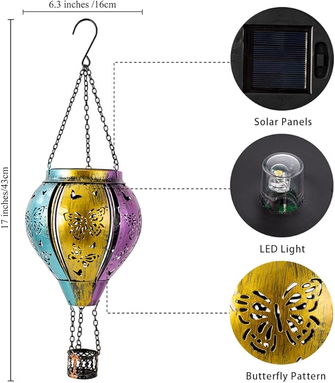 Solar Hot Air Balloon Lantern Outdoor Waterproof, Hanging Solar Lantern Outdoor Butterfly Decorations for Garden Yard Patio Lawn, Butterfly Lights Gifts for Women Grandma Nana