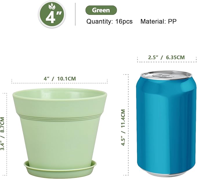 4 inch Small Plastic Nursery Pots, Seedling Pots, 16 Pack Plant Pots for Indoor Outdoor Plants, Flower Pots with Drainage Holes and Saucers, Decorative Planters for House Plants, Green