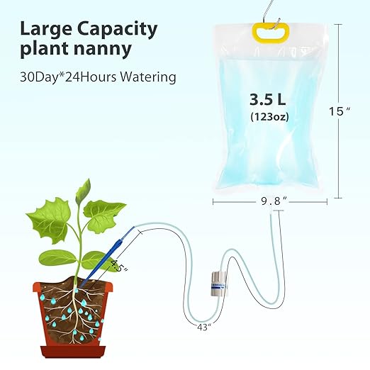 AHOUGER 4Pcs 3500ml Plant Life Drip Watering Bag with Adjustable Flow Automatic Plant Watering System Devices Waterer Spikes for Indoor Outdoor Potted Plant with 4Pcs Hooks