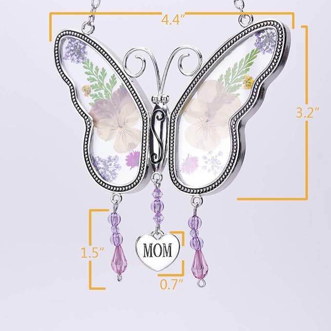 Laraine Butterfly Suncatcher with Pressed Colourful Flower Wings Mom Mother's Day Butterfly Glass Wind Chime Ornament Charm with Metal Heart Gifts for Mom Grandma Birthday (Yellow Mom)
