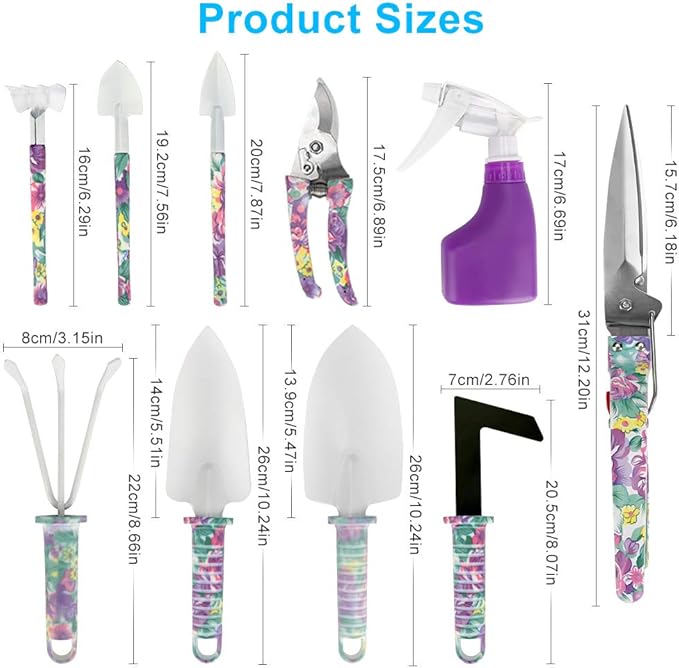 Jhua Garden Tool Set, 10 Pieces Gardening Tools Kit with Purple Flower Print, Ergonomic Handle Trowel Rake Weeder Pruner Shears Sprayer, Garden Hand Tools with Carrying Case Gardening Gifts for Women
