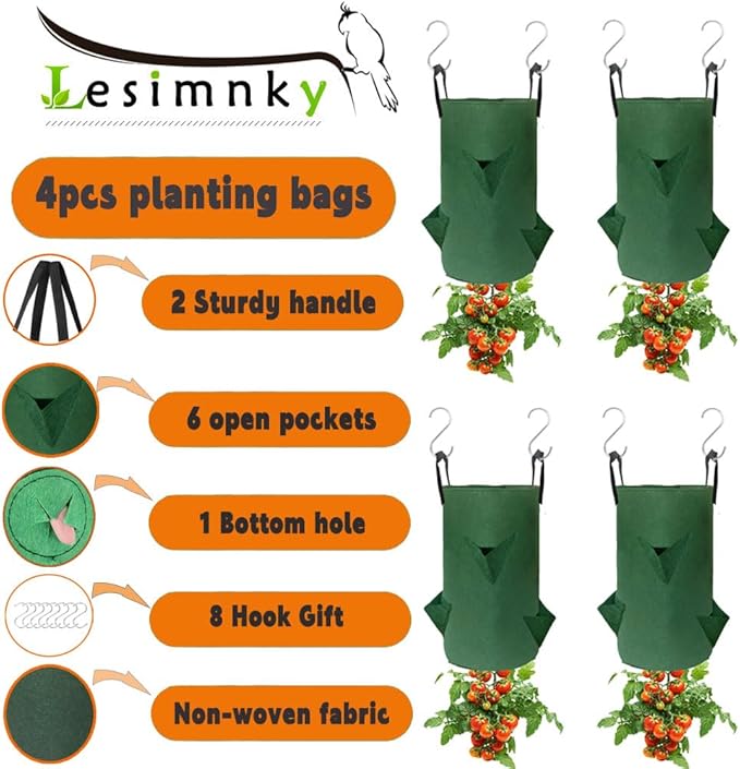 4Pack Upside Down Strawberry Planter, 3 Gallon Hanging Grow Bags for Tomato Vegetables 6 Planting Holes with 6Hooks,Upside Down Strawberry Plant Hanger Vegetable Planting Bags for House (Dark Green)