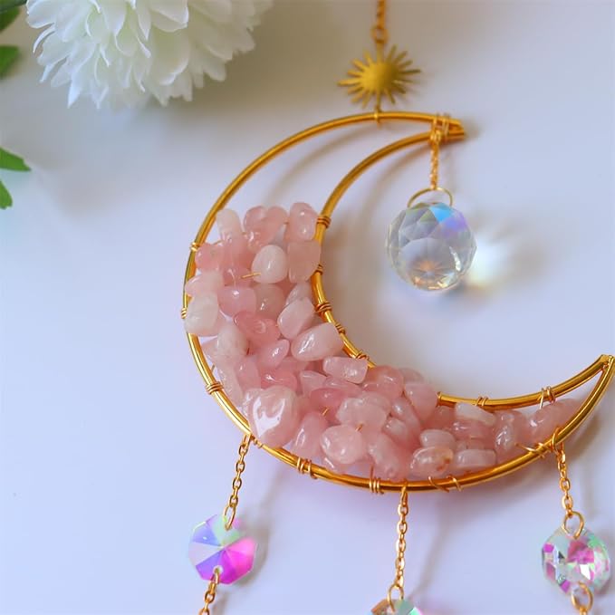 Crystal Suncatcher Hanging Moon Sun Light Catcher with Glass Prisms for Window Natural Pink Crystal Decor Home Indoor Making Rainbows