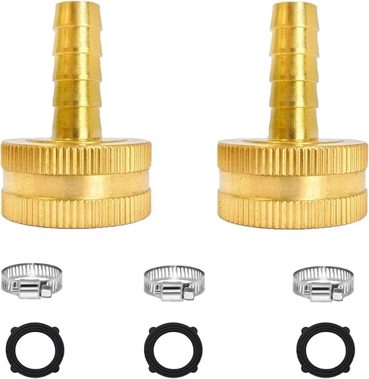 1/4" Barb x 3/4" Female GHT Thread Solid Brass Water Hose End Repair Connector, Includes Stainless Steel Clamps and gaskets（Pack of 2）