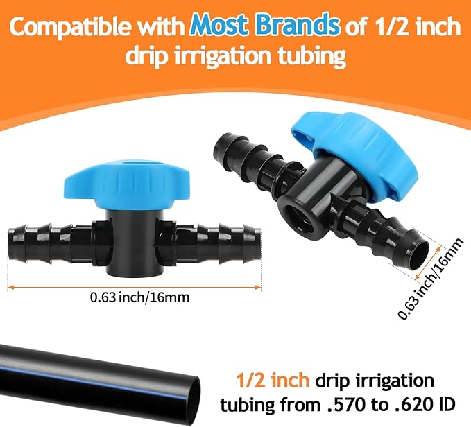 12 Pack Drip Irrigation 1/2 inch Shut Off Valve Fittings, Drip Line 1/2" 16mm Barbed Valve Parts for 1/2 Inch Drip Tubing (.570-.620" ID) No Leak Inline Shutoff Valves for Drip Systems