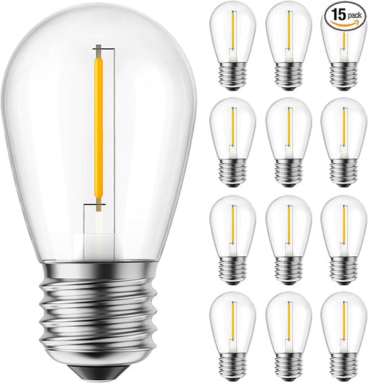 Moonflor S14 LED Light Bulbs 15 Pack 1W (Equivalent to 11 W) Shatterproof Replacement Bulbs with E26 Medium Base, Warm LED Bulbs for Outdoor Patio Garden Vintage String Lights