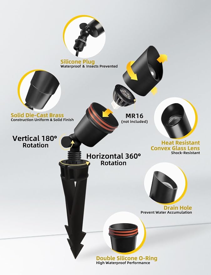 COLOER Brass Low Voltage Landscape Spotlight Fixture(Black) 6-Pack Without Bulb,12V AC/DC Outdoor Spot Lights for Yard, Directional Garden Patio Spot Up Light(101B-Black)