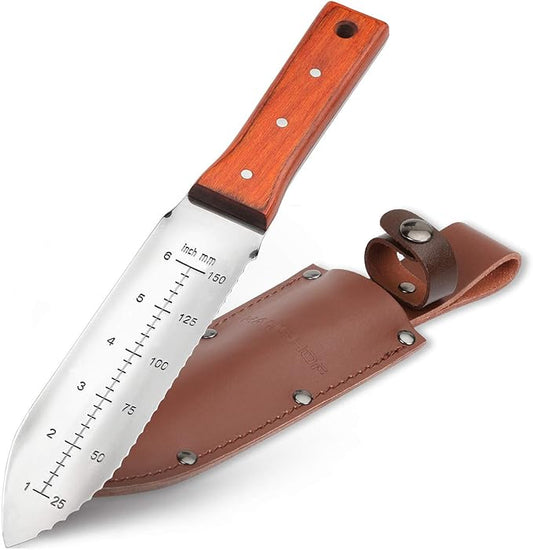 HAUSHOF Hori Hori Garden Knife 7”Stainless Steel Serrated Blade with Cutting Edge, Gardening Tool with Leather Sheath for Weeding, Planting, Digging, Wood Handle with Hanging Hole