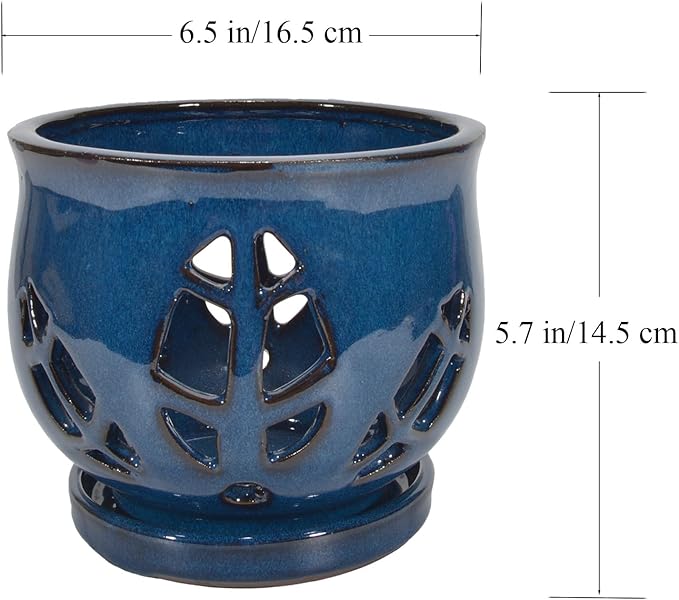 W&W Orchid Pot with Holes and Saucer for Repotting, Blue, 6.5 Inches