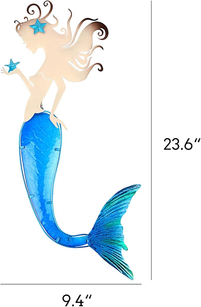 John's Studio Mermaid Wall Decor Outdoor Metal Fish Bathroom Hanging Art Glass Blue Ocean Theme Decorations for Home, Pool and Patio