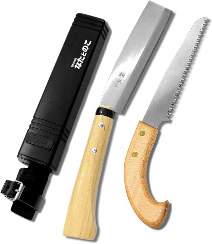 KAKURI Japanese NATA Tool Knife 6.5" and Pruning Saw Set, Made in Japan, Bushcraft Hatchet Axe and Saw Combo with Sheath for Camping, Outdoor, Campfire, Gardening