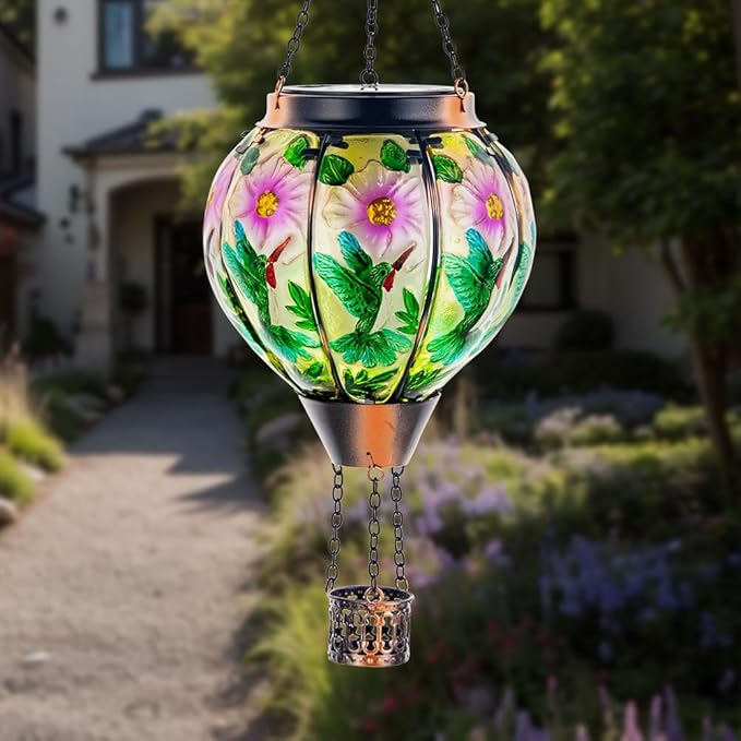 DREAMSOUL Hummingbird Hot Air Balloon Solar Lantern, Hanging Solar Lanterns Outdoor with Flickering Flame Light, Metal & Glass Solar Lanterns Outdoor Waterproof for Patio Yard Decor